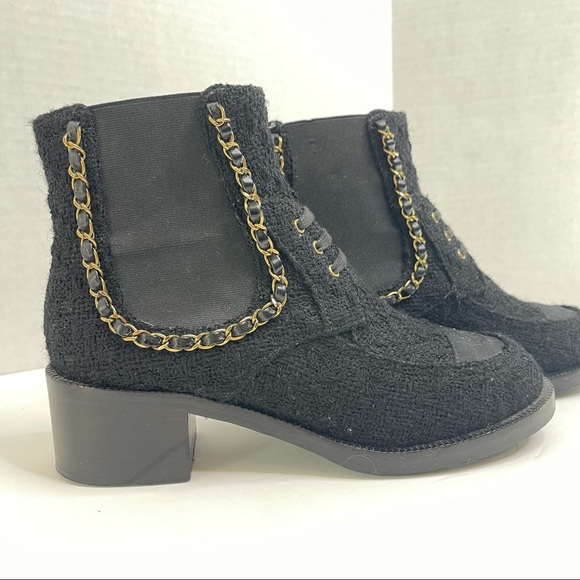 CHANEL Shoes - CHANEL Black Tweed Cc Gold Chain Combat Ankle Boot